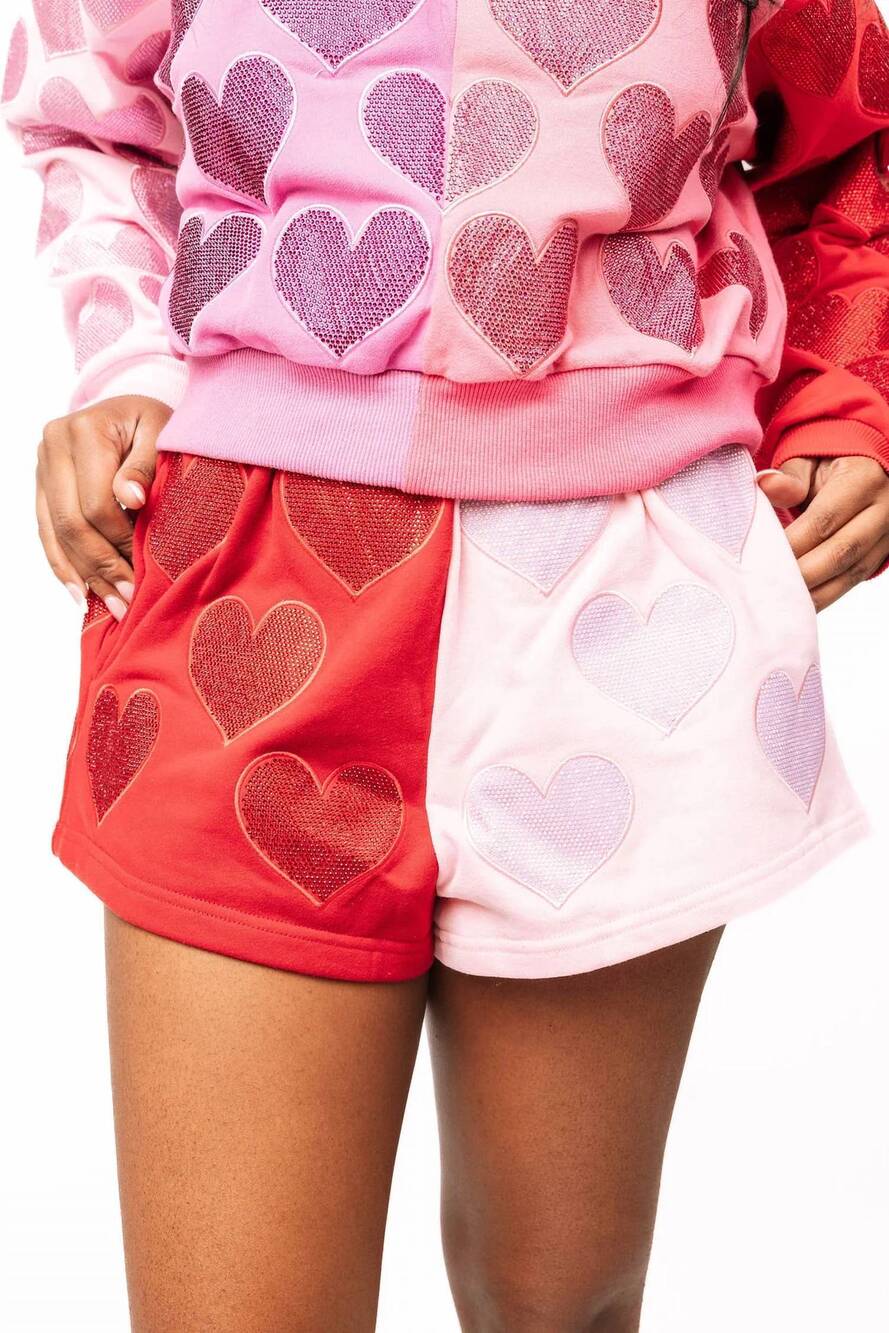 NEW QUEEN OF SPARKLES colorblock rhinestone hearts shorts in pink, red